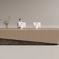Modern Reception Desk Interior With Receptionist Computers Green Plant Wooden Design And Marble Base