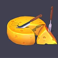 Delicious Yellow Cheese Wheel with Knife Fork and Sliced Piece on Dark Background