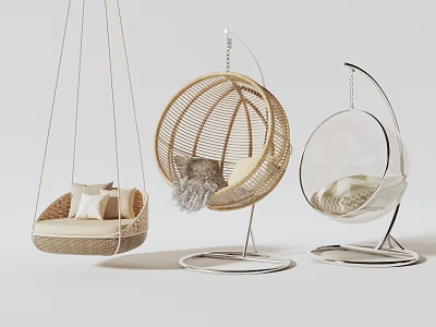 Modern Rattan and Acrylic Hanging Chairs with Metal Stands Soft Cushions and Round Design 3d model