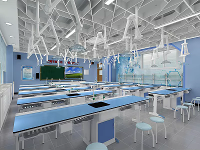 Modern Science Lab With Rows Of Blue Tables Blackboard Suspended Equipment And Stools 3d model