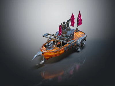Cartoon Style Boat Scene With Wooden Hull Red Flags And Mechanical Structures 3d model