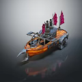 Cartoon Style Boat Scene With Wooden Hull Red Flags And Mechanical Structures