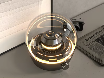 Transparent Glass Modern Desk Lamp With Illuminated Rings And Metal Base By Vintage Camera Newspaper 3d model