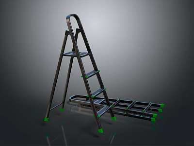 Metal Foldable Ladder With Black Frame Green Steps And Non Slip Feet 3d model