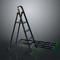 Metal Foldable Ladder With Black Frame Green Steps And Non Slip Feet