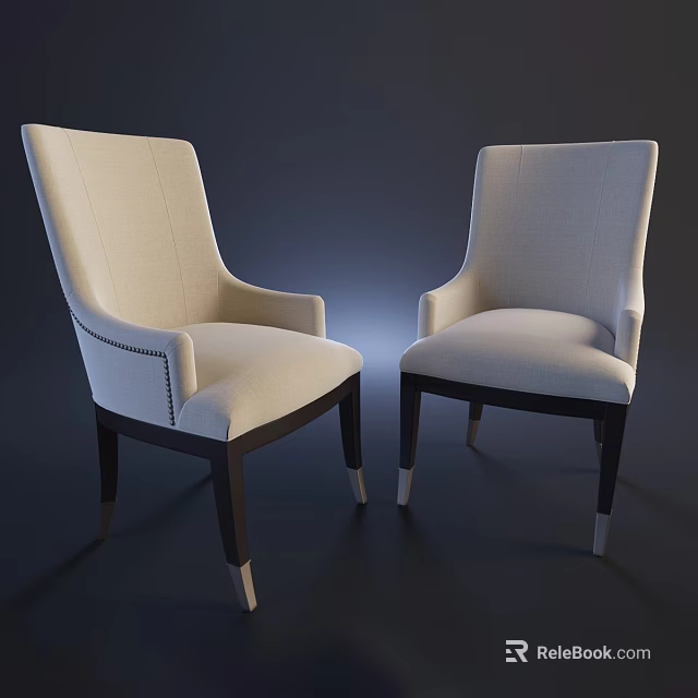 Upholstered Dining Chairs With Light Beige Fabric Armrests Studded Details And Dark Wooden Legs 3d model 