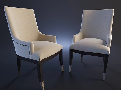 Upholstered Dining Chairs With Light Beige Fabric Armrests Studded Details And Dark Wooden Legs 3d model