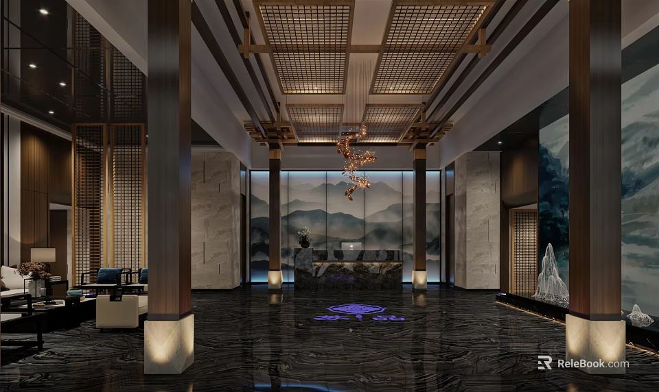 Chinese Style Hotel Lobby With Latticed Ceiling Chandelier Landscape Painting And Marble Floor 3d model 