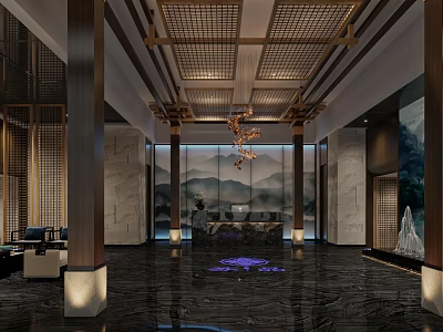Chinese Style Hotel Lobby With Latticed Ceiling Chandelier Landscape Painting And Marble Floor 3d model
