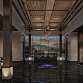 Chinese Style Hotel Lobby With Latticed Ceiling Chandelier Landscape Painting And Marble Floor