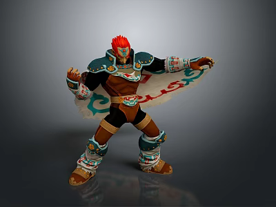 Red Haired Warrior Character In Decorative Armor With Patterned Cape And Outstretched Arms 3d model