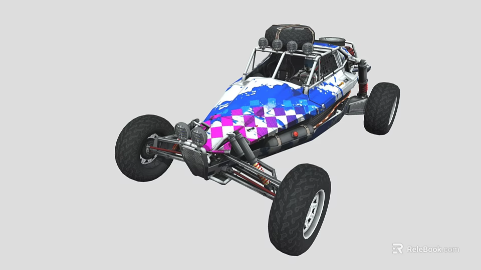 Sporty Off Road Buggy Featuring Colorful Checkered Pattern Large Tires and Roof Spotlights 3d model 