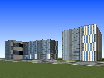 Two Modern Office Buildings With Glass Curtain Walls And Green Landscape 3d model