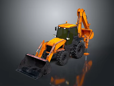Yellow Construction Excavator With Front Loader Bucket And Hydraulic Arm 3d model