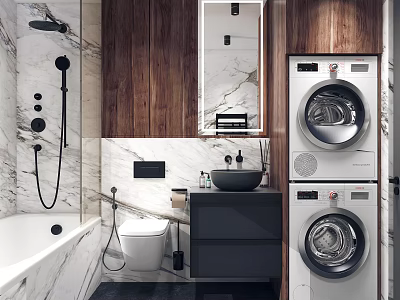 Modern Bathroom Interior With Marble Walls Wooden Panels Bathtub Toilet Sink Mirror And Stacked Washing Machines 3d model