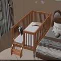Children's Wooden Bed with Rails and Ladder in Bedroom Next to Bed with Window Curtains