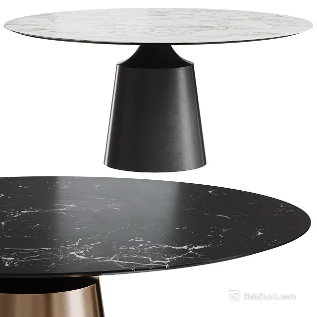 Round Black Marble Top Dining Table With Modern Black Cone Shaped Base Design 3d model 