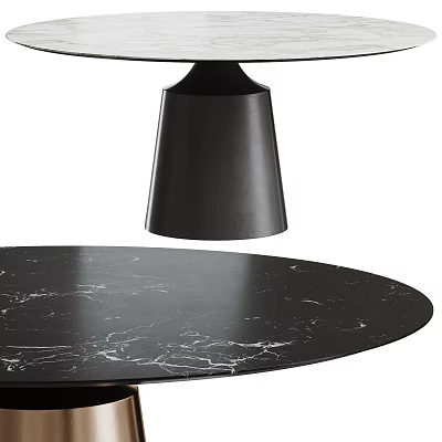 Round Black Marble Top Dining Table With Modern Black Cone Shaped Base Design 3d model