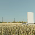 Tall White Structure In Wheat Field With People And Blue Sky View 3d model