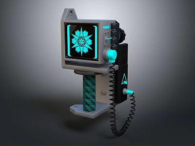 Modern Computer Device With Blue Snowflake Screen Gray Body Green Stripe And Black Coiled Cable 3d model