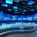 Modern Cultural Center Exhibition Hall With Model City Blue Lighting And Screens