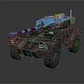 Blue And Brown Armored Military Vehicle With Cannon And Large Off Road Wheels