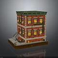 Two Story Red Brick Building Model With Green Roof Yellow Windows And Fire Escape