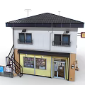 Two Story Commercial Building With Yellow Storefront Brown White Exterior Glass Windows And Metal Staircase