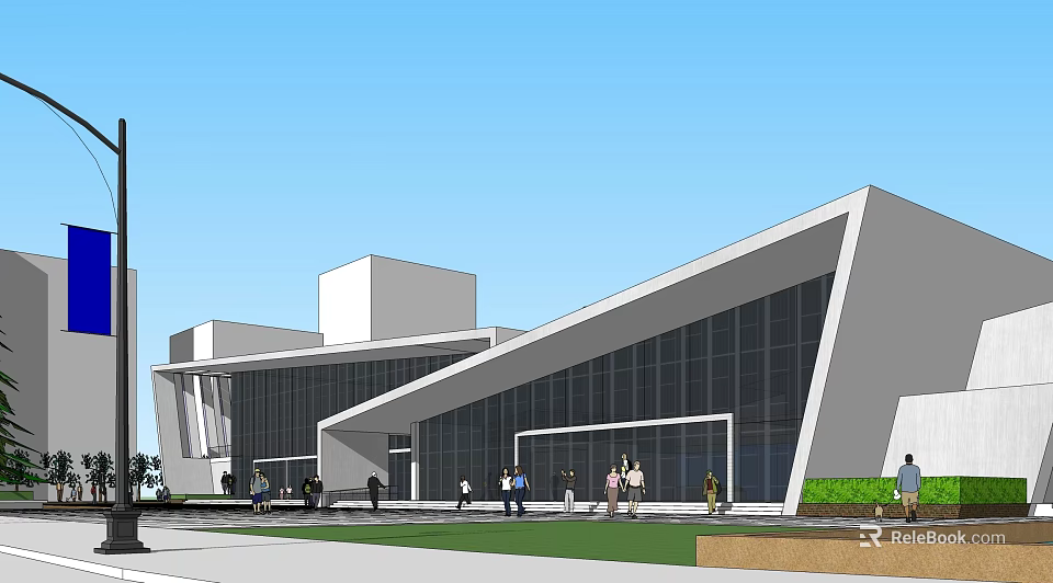 Modern Geometric Building With Glass Curtain Walls And People Gathering Outside 3d model 