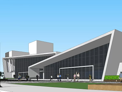 Modern Geometric Building With Glass Curtain Walls And People Gathering Outside 3d model