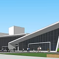 Modern Geometric Building With Glass Curtain Walls And People Gathering Outside