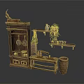 Wooden Furniture Display With Cabinet Console Table Wall Shelves Plants Decorations And Woven Basket
