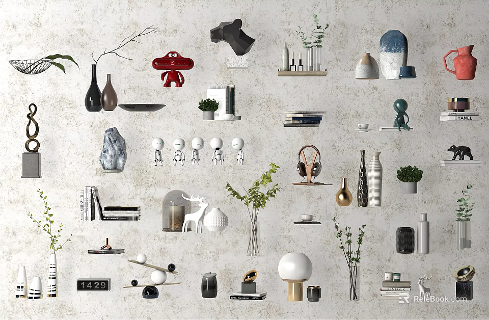 Modern Home Decorative Ornament Set With Vases Green Plants Sculptures Books Lamps And Minimalist Figures 3d model 