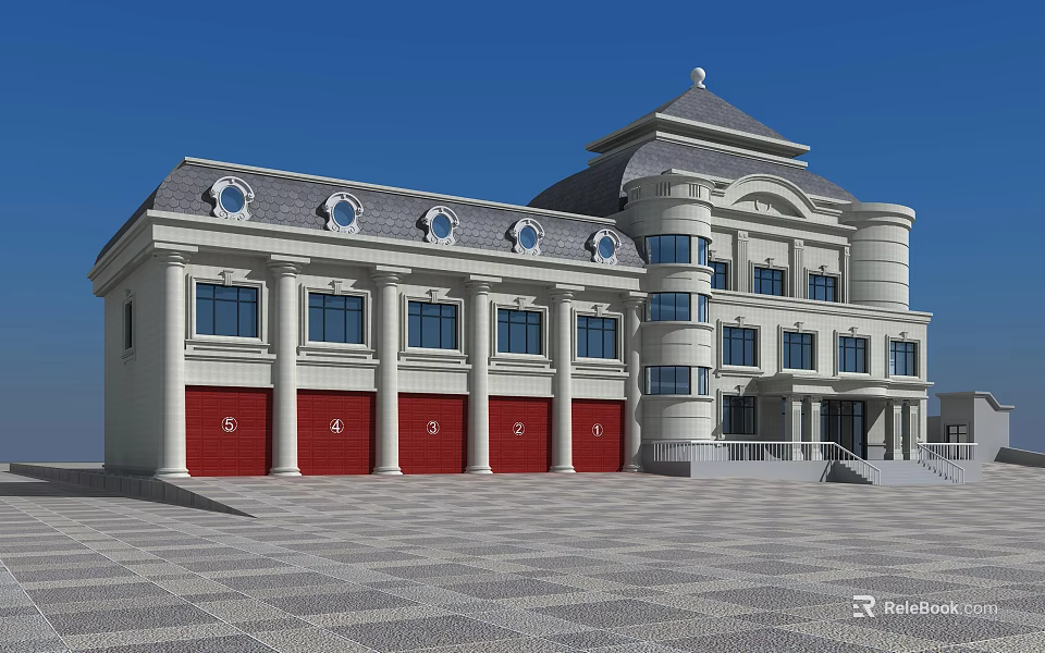 European Style Architecture With Red Garage Doors Dome Roof And Stone Pavement 3d model 
