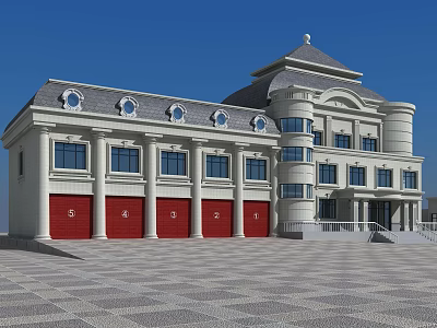 European Style Architecture With Red Garage Doors Dome Roof And Stone Pavement 3d model
