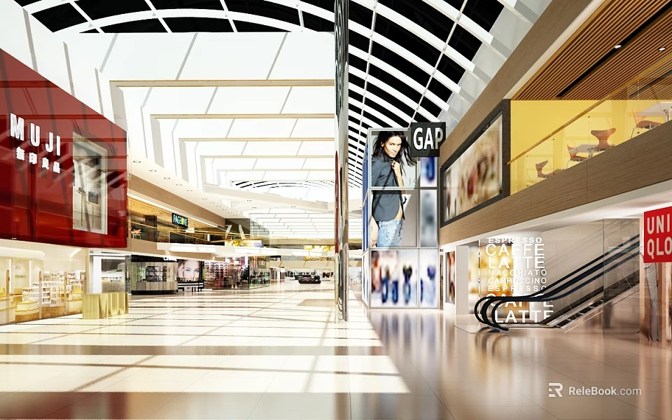 Spacious Shopping Mall Atrium with Glass Ceiling Natural Light Escalators and Brand Stores Display Windows 3d model 