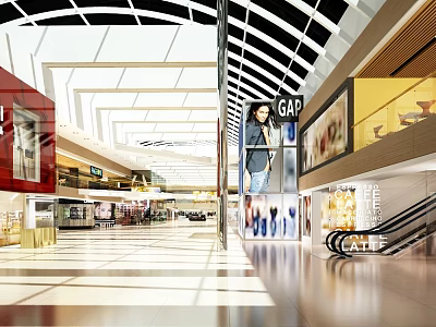 Spacious Shopping Mall Atrium with Glass Ceiling Natural Light Escalators and Brand Stores Display Windows 3d model