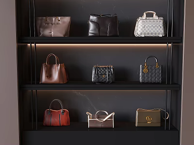 Fashionable Designer Bags Arranged On Black Shelves With Diverse Colors And Patterns 3d model