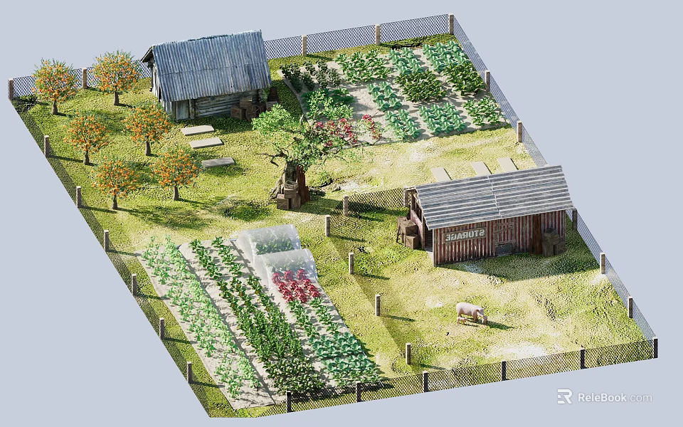 Rural Countryside Landscape With Traditional Cottages Vegetable Gardens And Fruit Trees 3d model 