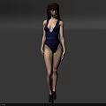 Brown Haired Woman in Blue One Piece Swimsuit Standing Against Gray Background with Black Boots
