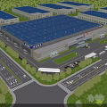 Modern Industrial Factory Complex With Blue Roofs Surrounding Greenery Roads And Logistics Trucks