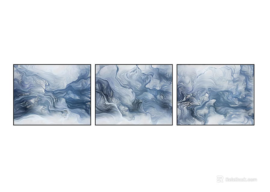 Three Panel Abstract Wall Art With Blue White Fluid Patterns And Decorative Design 3d model