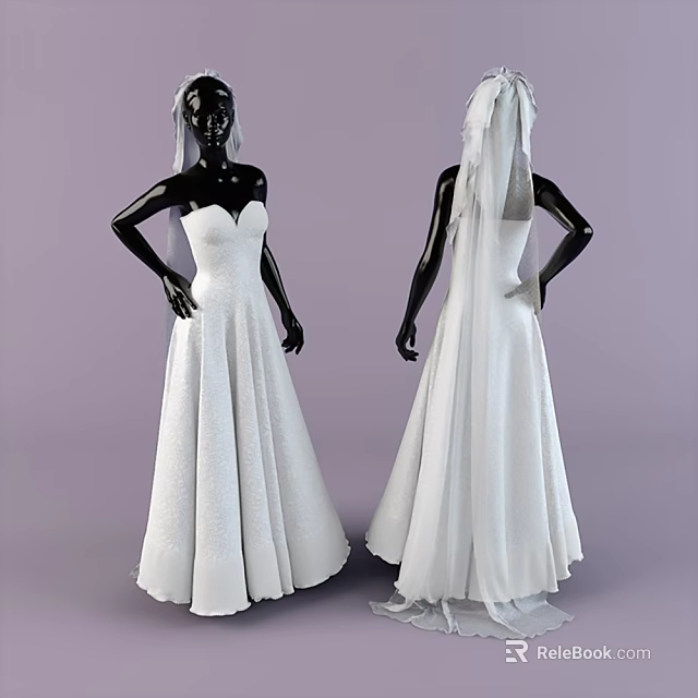 White Strapless Wedding Dress With Veil Mannequin Front And Back 3d model 