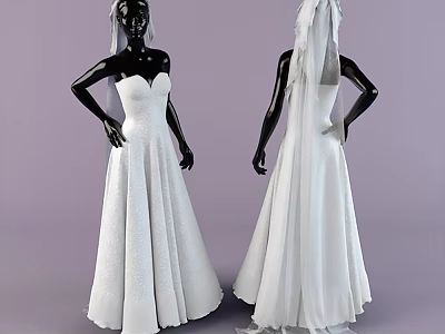 White Strapless Wedding Dress With Veil Mannequin Front And Back 3d model