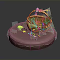 Yellow Basket With Pink Bow Filled With Fresh Fruits And Vegetables On Pink Mat