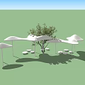 Outdoor Space with White Canopy Structures Small Tree and Round Seats on Grassy Area 3d model