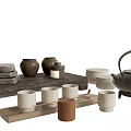 Traditional Ceramic Tea Set with Wooden Serving Tray White Cups and Brown Teapot