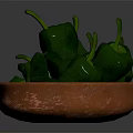 Fresh Ripe Green Bell Peppers with Stems in Rustic Brown Ceramic Bowl