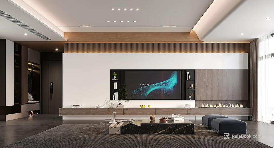 Modern Living Room Interior With TV Wall Coffee Table Sofa And Ceiling Lights 3d model