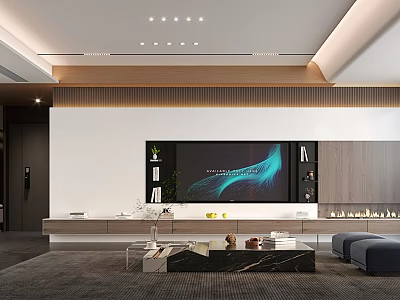 Modern Living Room Interior With TV Wall Coffee Table Sofa And Ceiling Lights 3d model